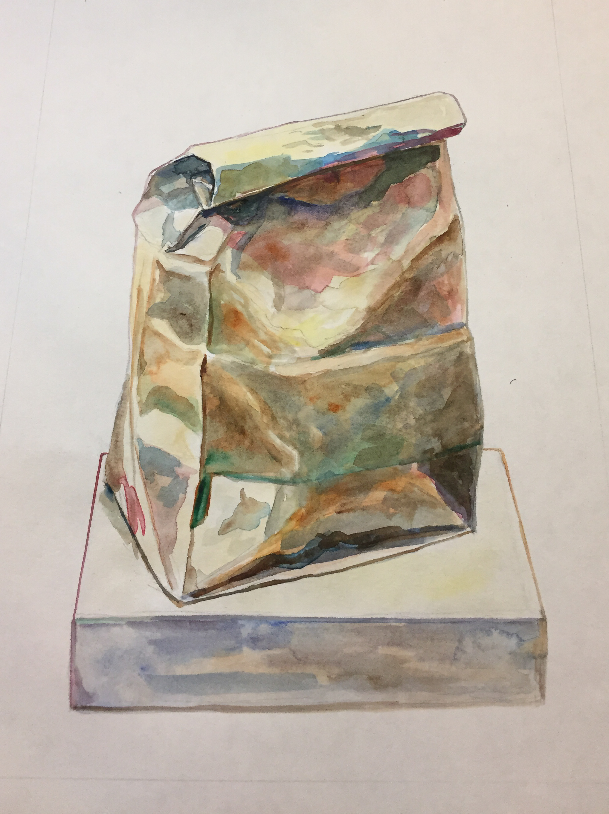 Watercolor painting of a brown paper bag on pedastal