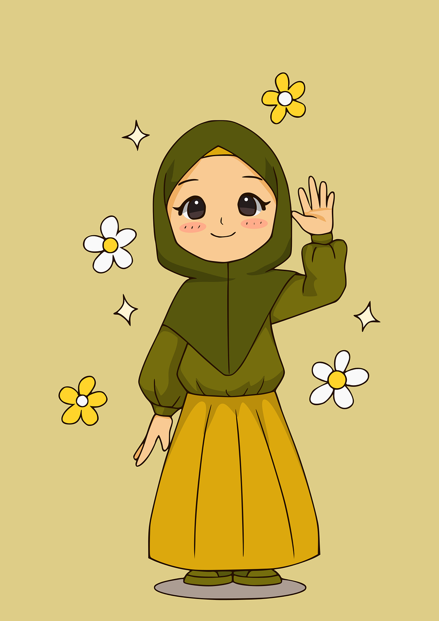 A drawing of a girl wearing a green hijab and yellow skirt, with flowers in background