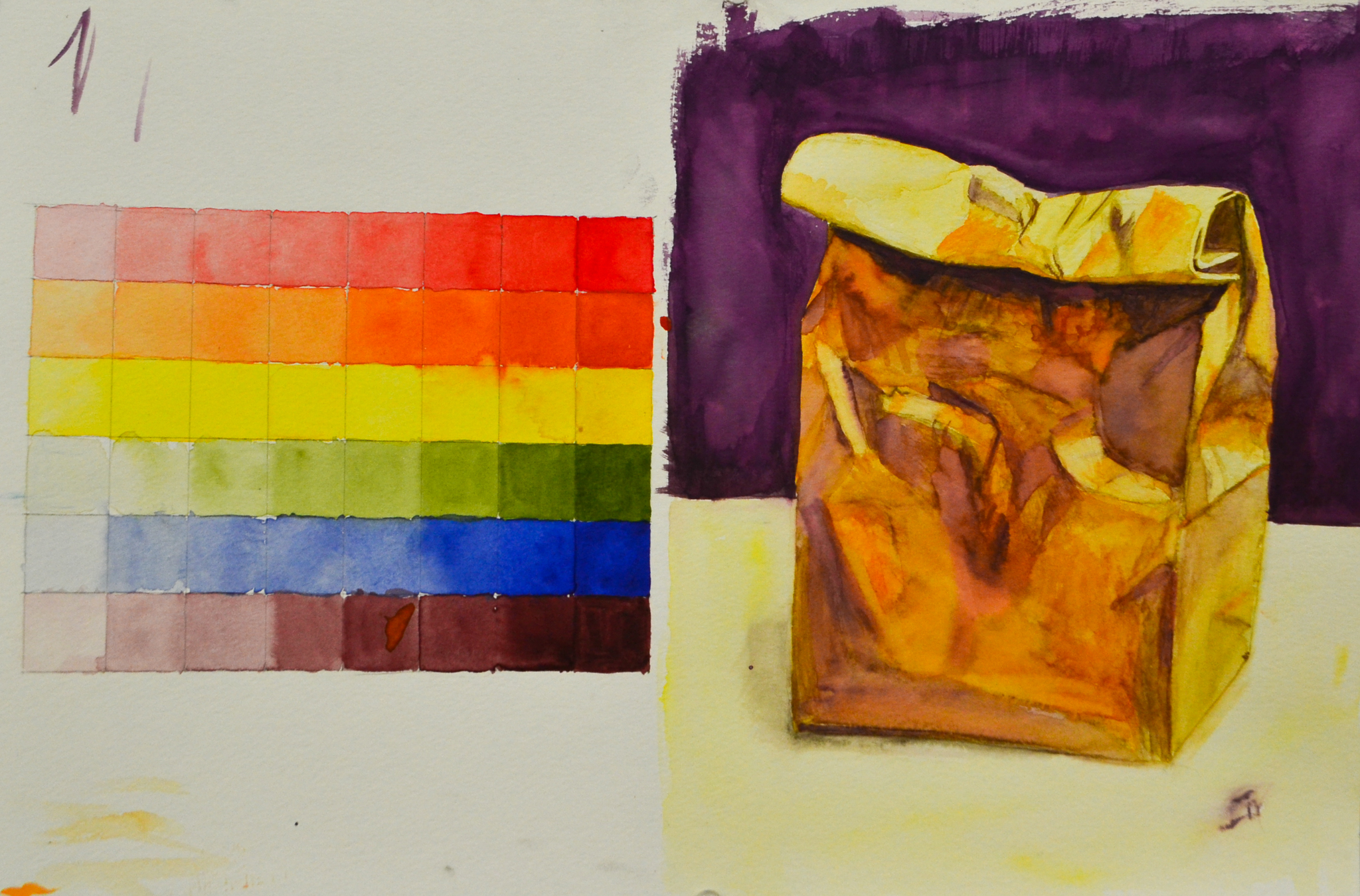 Watercolor Painting of a color gradient chart and Brown Paper Bag