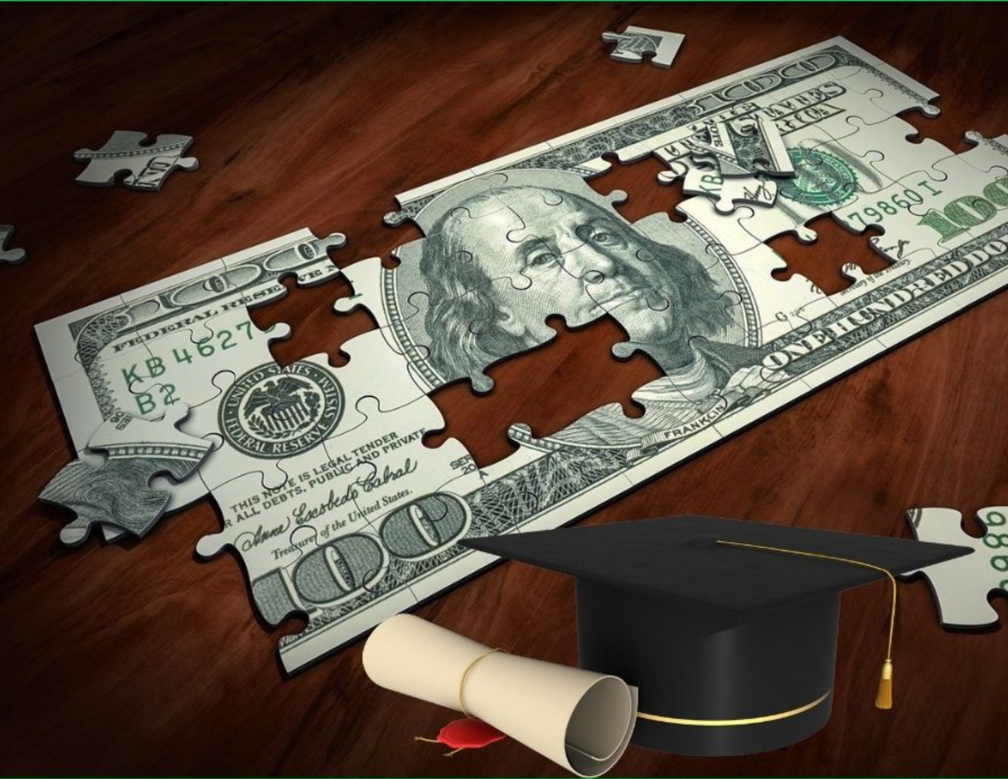 money puzzle, graduation cap & diploma. 