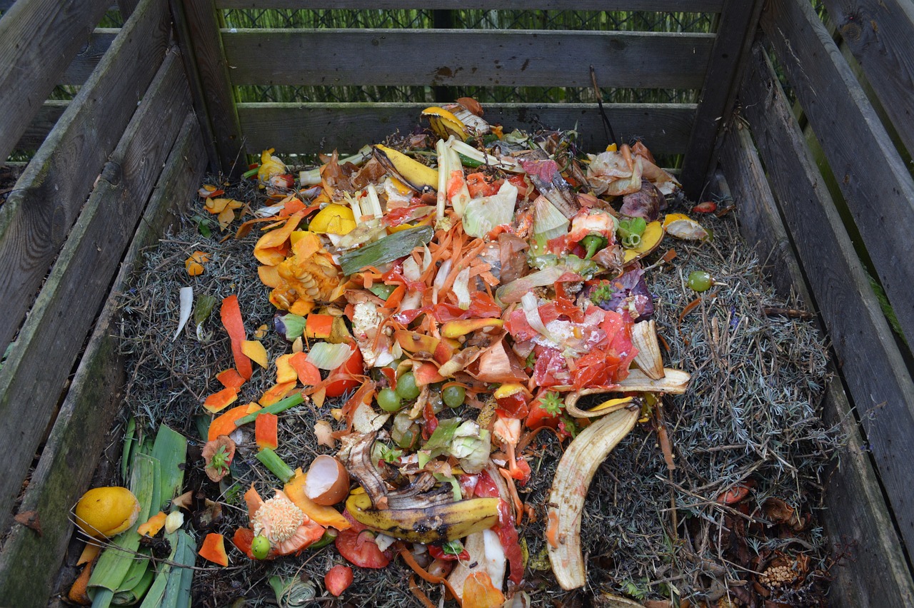 fruit and vegetable peels in a wooden compost bin