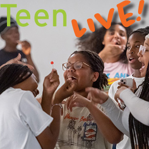This image depicts students sharing an excited conversation together, with the text "Teen Live!" overtop.