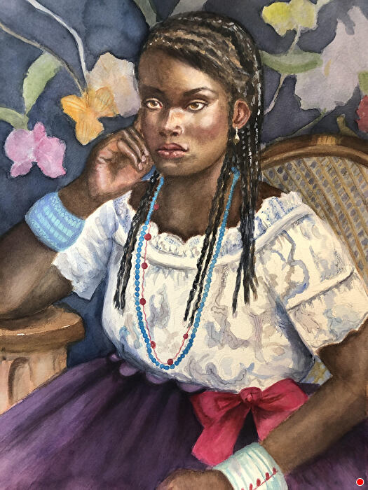 Painting by the artist of Esther, an African American woman in white top and purple skirt with floral background