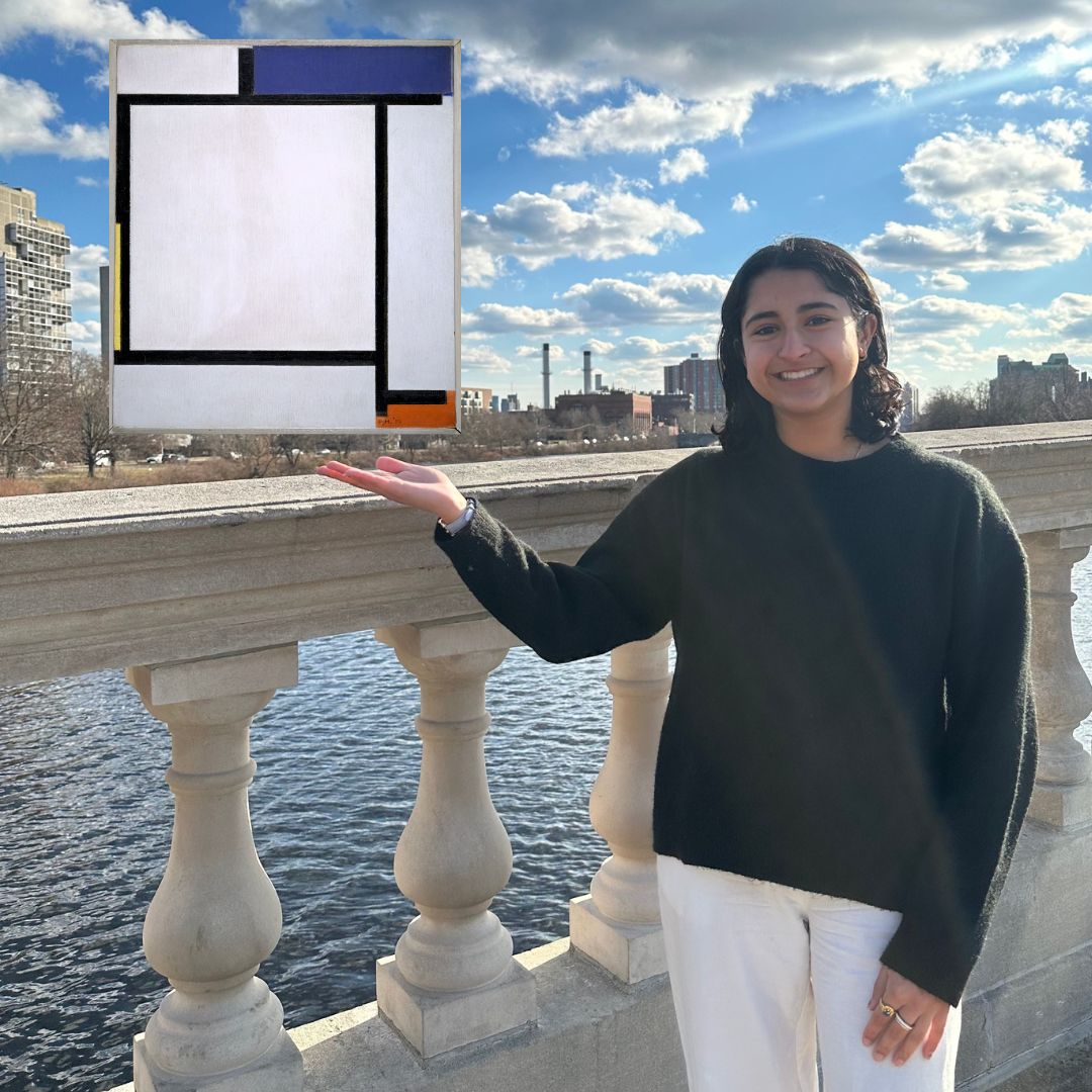 background of blue cloudy sky and a white balustrade with the presenter standing in front