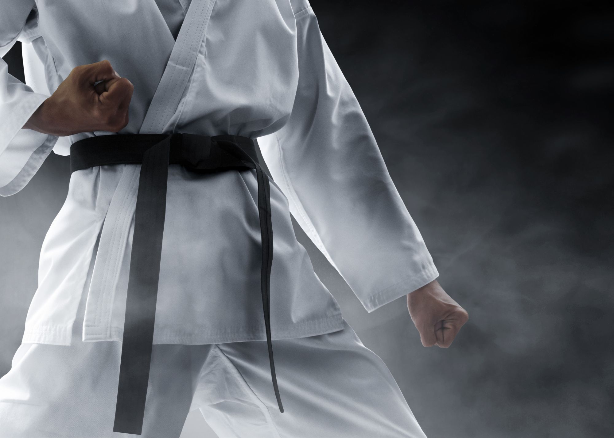This image depicts a person wearing martial arts clothing and posing in a self defense pose..