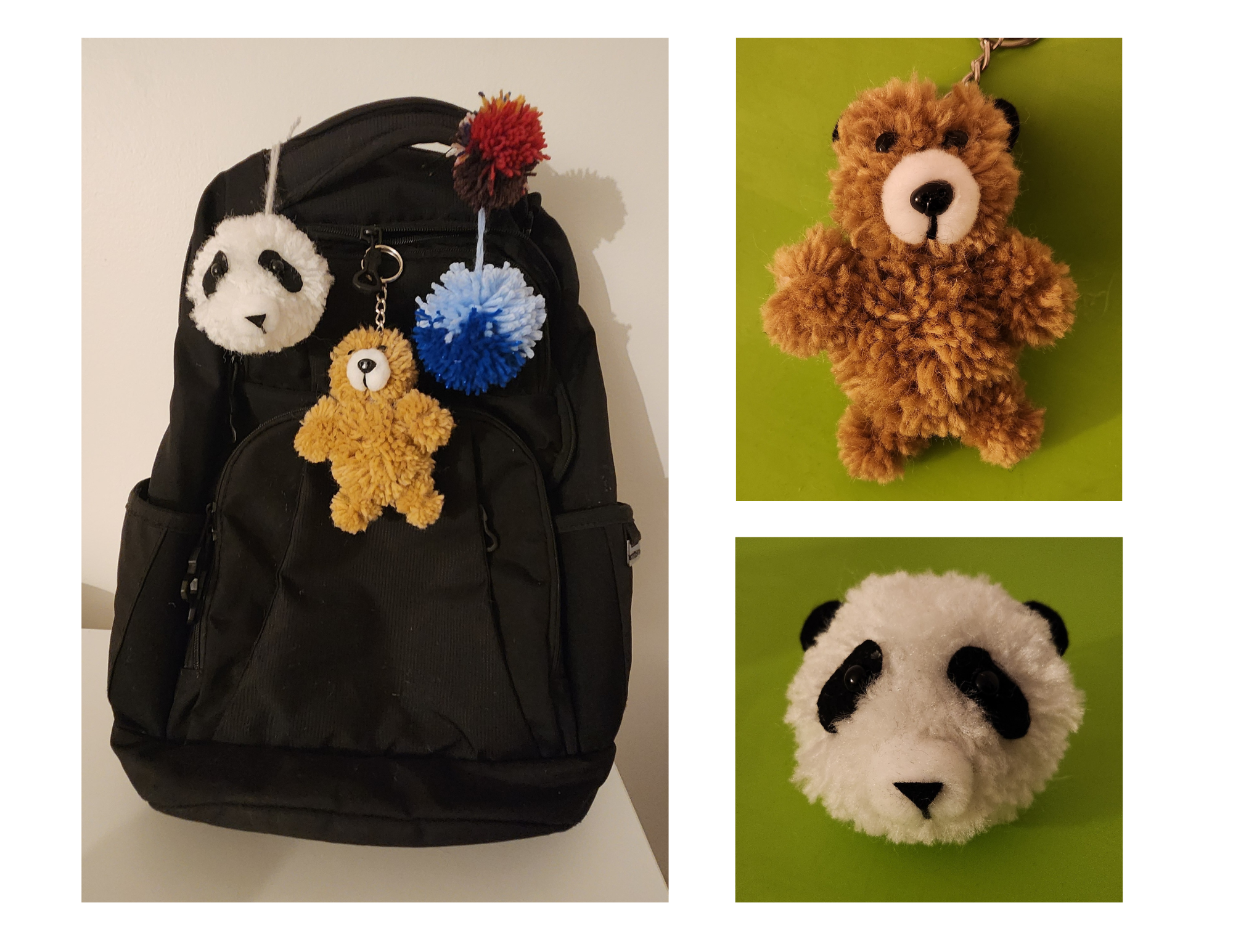 pom pom bear & panda on a back pack