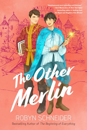 This image depicts the book cover of The Other Merlin, which portrays a short-haired person in a blue robe holding a magic wand standing in front of a short-haired person in a red coat holding books. 