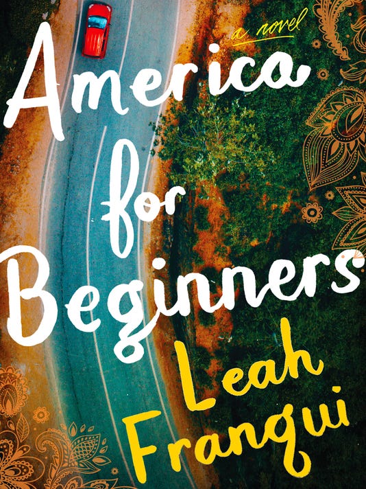 book cover; the title and author text is in a pseudo-cursive typeface. the title is white and the author's name is yellow. in the background is an aerial photo of a red car driving along a narrow road with brown dirt and green foliage on either side.