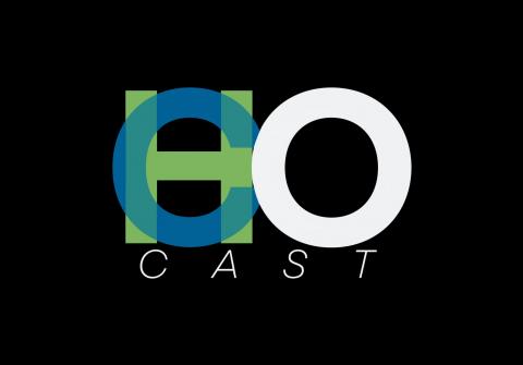 HoCoCast logo lettering in green, blue and white letters on a black background
