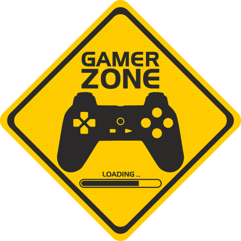 yellow diamond shaped sign saying gamer zone with icon of a gaming handset