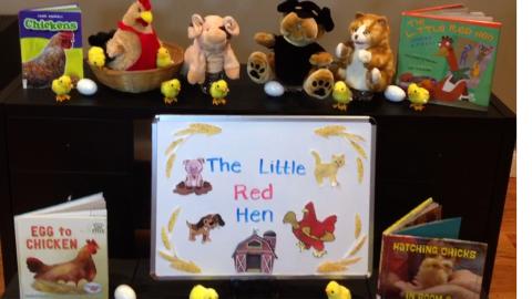 puppets chicken cat dog eggs whiteboard little red hen books