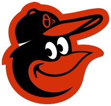 Cartoon Oriole Bird logo for Baltimore Orioles baseball team, colors are orange and black, the bird wears a black baseball at with an orange brim and an orange capital O on the cap