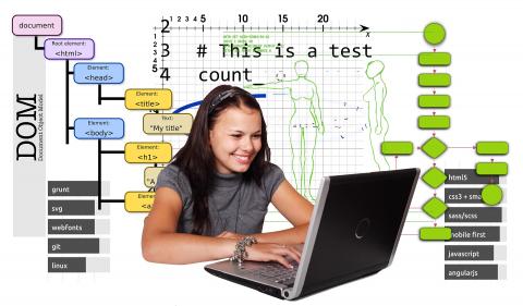 female teen student looking at open laptop screen with a background of computer coding images and text