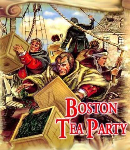A poster showing seamen on a ship with wooden cartons of tea 