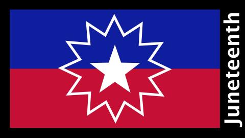 the Juneteenth flag with upper half blue and lower half as red and a white star in the center