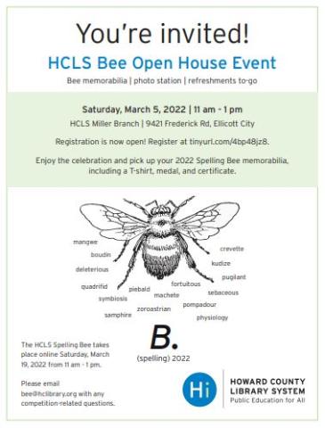 spelling bee open house March 5 invitation flyer with large bee and words