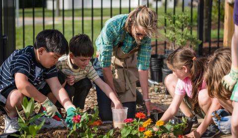 children helping adult plant flowers