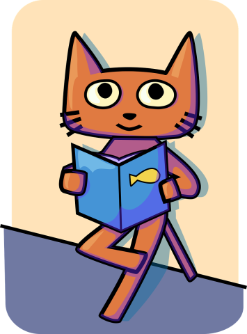 orange cartoon cat reading a blue book with a fish on it