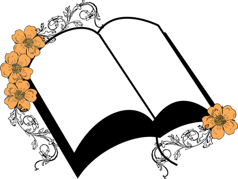 open book cartoon with orange flowers around it