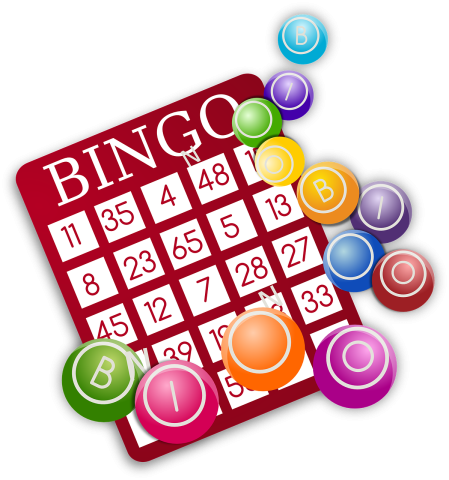 Red bingo card with multicolored bingo balls.