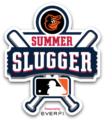 two baseball bats crossed in an x formation, with text overlapping "Summer Slugger Powered by Every" with the Baltimore Orioles Bird logo and the MLB logo