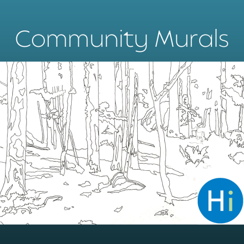 Black and white image of a forest scene with tree trunks.  Text above reads "Community Murals."