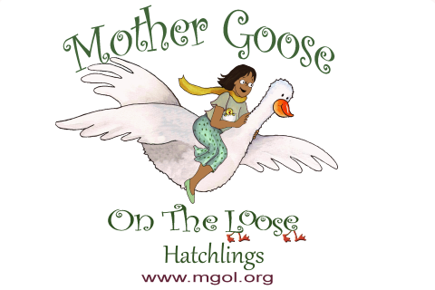 Image of the Mother Goose character flying on a cartoon goose as the logo for Mother Goose on the Loose, Hatchlings program. Website mgol.org