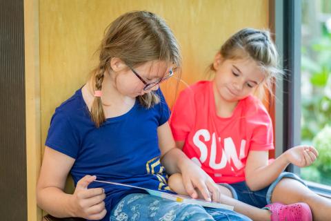 Two children sitting in a window seat looking at books together.