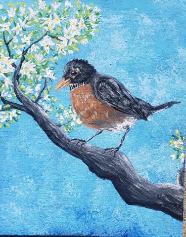 painting of a robin on a tree branch with flowers