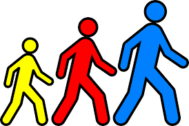 walking stick type figures in yellow, red and blue