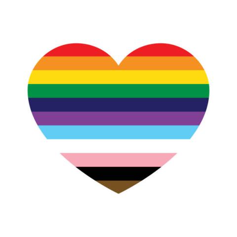 Cartoon heart, striped with the Progress Pride flag colors