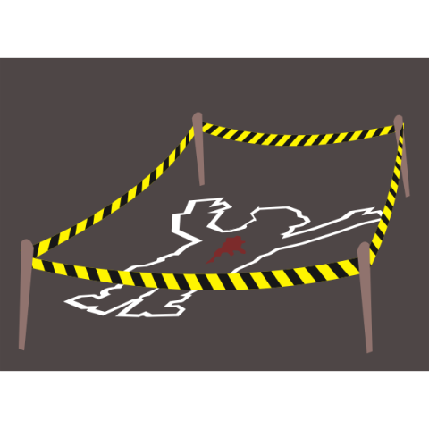 Chalk body outline with blood blocked off by crime scene tape (clipart Creative Commons)