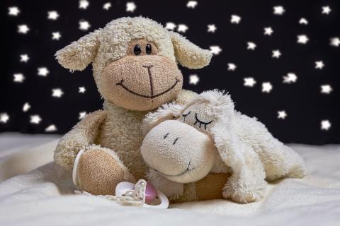 Two stuffed animals sit on a light colored blanket in front of a dark background with white stars.