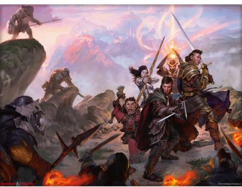 This image depicts a group of adventurers wearing various types of armor and carrying different weaponry. 