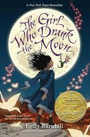 The cover of the book depicts a girl wearing long blue robes and brown boots staring into the full moon, her hair flowing in the wind. She is accompanied by a very small green dragon, and they are surrounded by paper cranes.