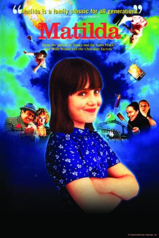 Image of the poster for the movie Matilda, which features a young girl with brown hair with her arms crossed, with several scenes and characters from the movie behind her. Text reads "Matilda, from the author of James and the Giant Peach and Willy Wonka and the Chocolate Factory"