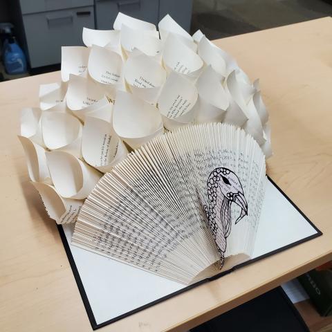 Upcycled hardback book turned into a turkey.