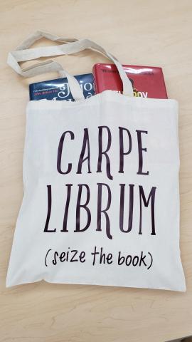 Book tote reading "Carpe Librum (seize the book)"
