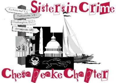 Sisters in Crime Chesapeake Chapter Logo with Washington Monument, sail boat, dead body outline and more