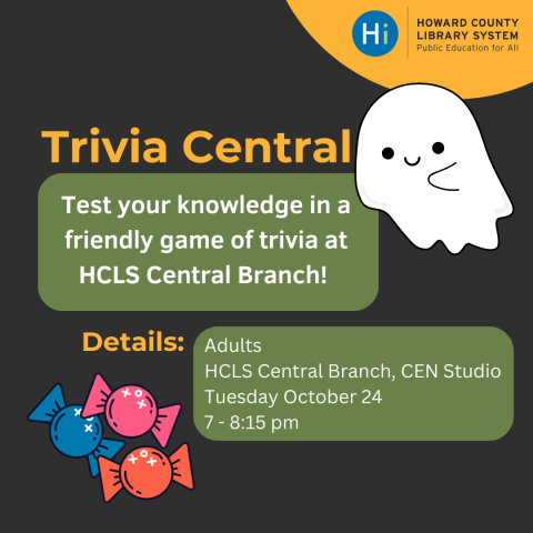 Flyer for Trivia Central class. Includes description of the class as listed on library market, a friendly ghost, and colorful candy graphics. 