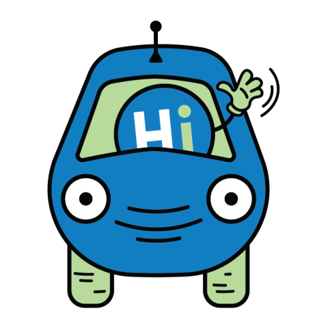 Blue and green bus cartoon with a smiling face at the front