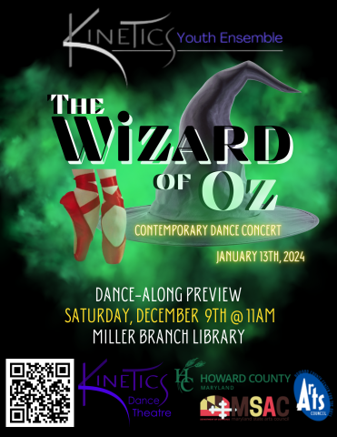 green smoke, red ballet slippers on pointe, black witch's hat. text The Wizard of Oz