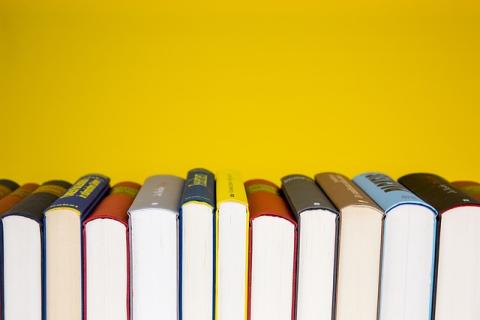 line of books against a yellow background