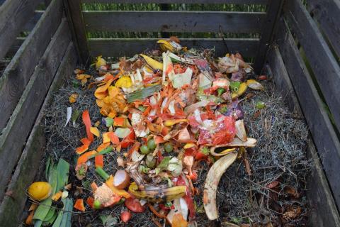 fruit and vegetable peels in a wooden compost bin