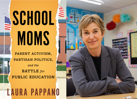 book cover of School Moms, cropped next to a photo of author Laura Pappano. She is an older white woman with short blonde hair. She is wearing a black crewneck shirt and a grey blazer. She is sitting with her arms crossed on a student desk in a school classrom