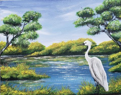 painting of summer scene with egret