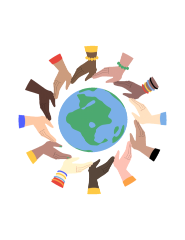 Planet Earth surrounded by a circle of hands representing different ethnicities. 