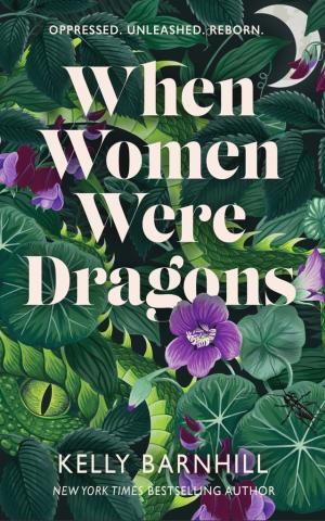 book cover; the title and author text is in white font. in the background is a full-page illustration of dark green foliage and purple flowers. in the upper right corner is a white crescent moon; in the lower right corner is an insect. The scales of a green dragon can be seen in-between the foliage, with one of the dragon's eyes visible in the bottom left corner.