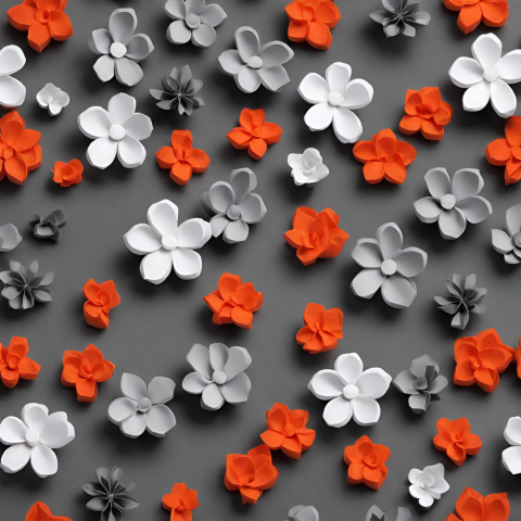 scattered orange and white 5-petaled 3D-printed flowers on a light gray background