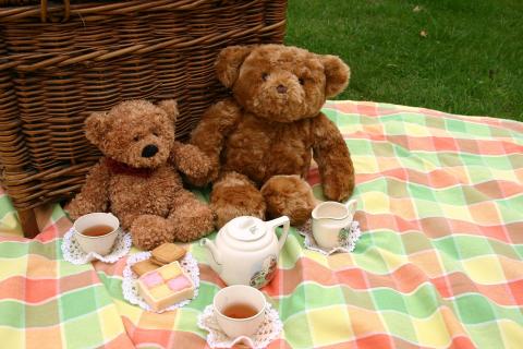 Two brown teddy bears sit in front of a brown basket on a plaid picnic blanket.  There is a tea set also set out on the blanket.